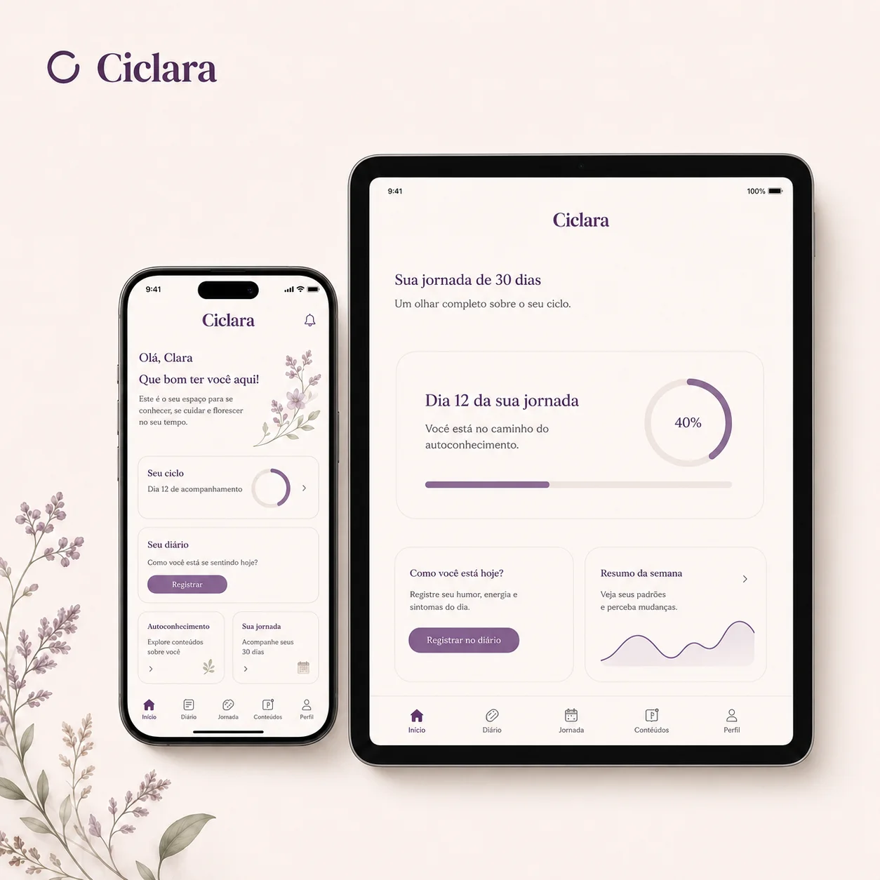 Plataforma Ciclara exibida em um celular e tablet.